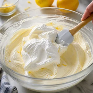 Whipped cream gently folded into lemon mascarpone mixture with a spatula