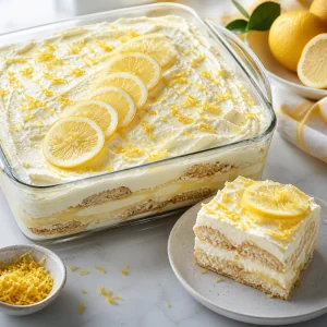 Zesty lemon tiramisu with limoncello, mascarpone, lemon zest, and thin lemon slices