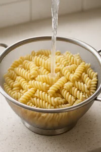 Cooked rotini rinsed in a colander