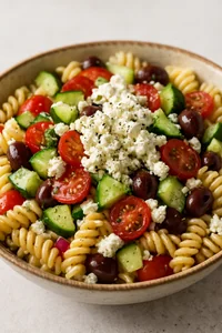 Crumbled feta folded into pasta salad