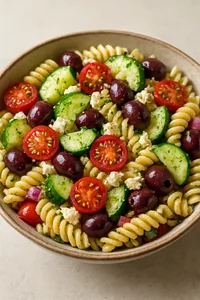 Finished pasta salad resting chilled in a bowl