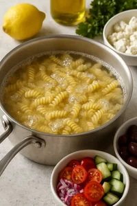 Rotini pasta boiling in a large pot