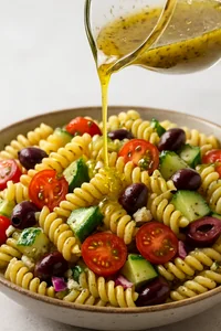 Vinaigrette poured over Mediterranean pasta salad