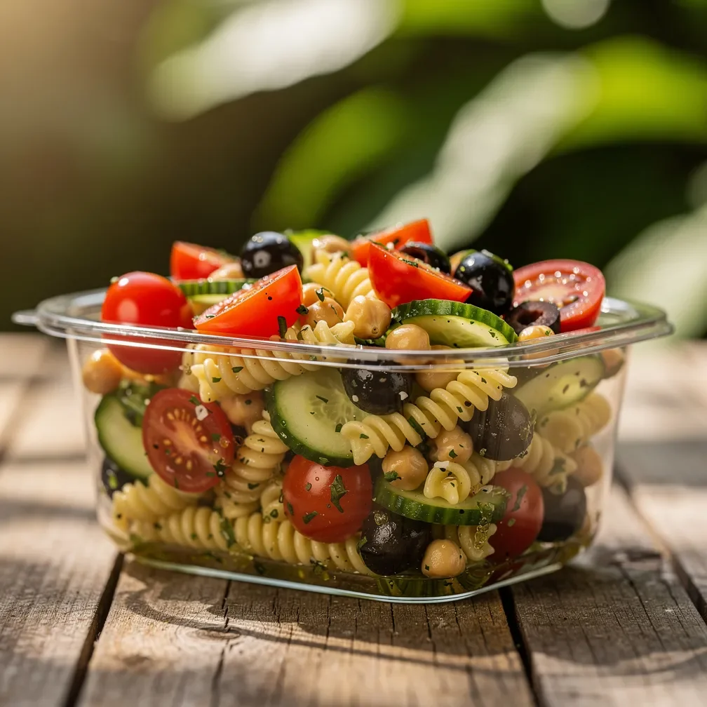 A colorful Mediterranean pasta salad with tomatoes, cucumbers, and olives in a portable glass jar