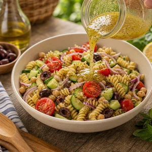 Lemon vinaigrette poured over pasta salad