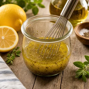 Lemon vinaigrette whisked in a glass jar