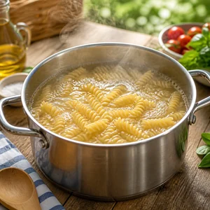 Rotini pasta boiling in salted water
