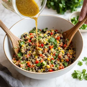 Dressing poured over quinoa black bean mixture and tossed