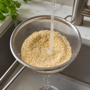 Quinoa rinsed in a fine-mesh strainer under cold water