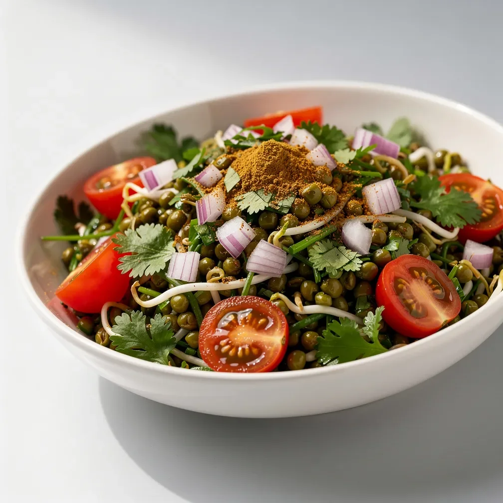 A colorful sprouted mung bean salad with tomatoes, onions, and cilantro in a white bowl