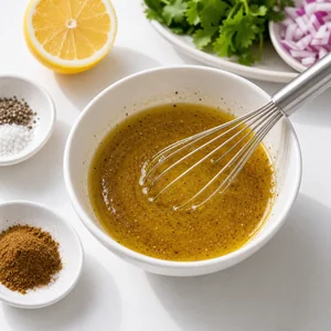 Lemon cumin dressing whisked in a small bowl