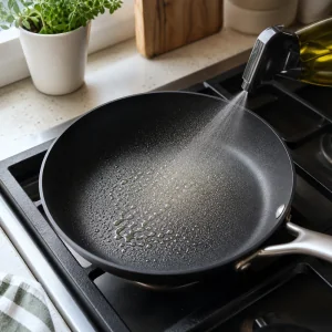 Una sartén antiadherente pequeña rociada ligeramente con aceite de oliva antes de cocinar el revuelto de pavo y claras.
