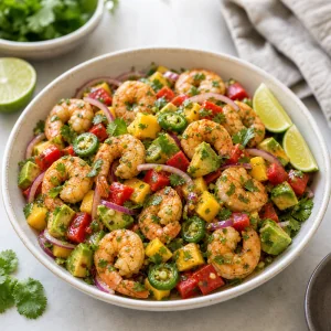 Finished Thai-Mexican shrimp salad with mango served with lime wedges.