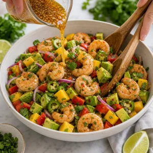 Lime-ginger dressing drizzled over shrimp mango salad as it is gently tossed.