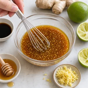 Lime, soy, fish sauce, honey, and ginger dressing whisked in a small glass bowl.