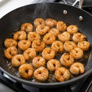 Seasoned shrimp cooking in a skillet until pink, curled, and opaque.