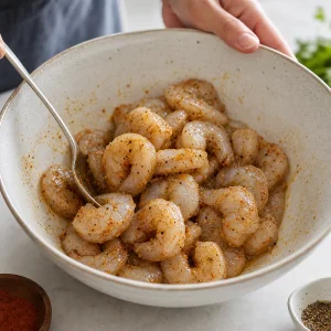 Seasoned shrimp tossed with olive oil, garlic powder, smoked paprika, salt, and pepper.
