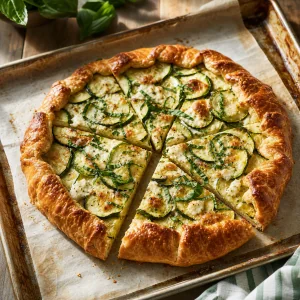 Baked zucchini galette with basil cut into wedges on the pan