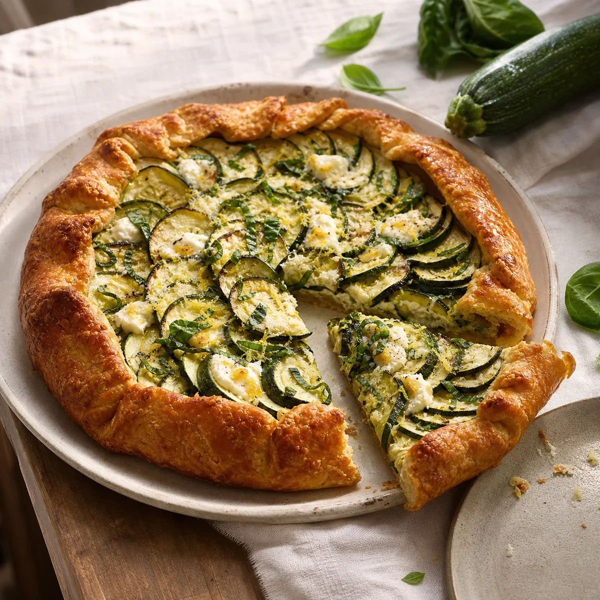 Golden zucchini and goat cheese galette with one sliced wedge