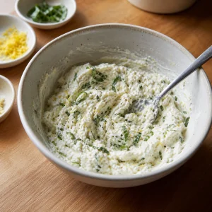 Herbed goat cheese filling mixed in a ceramic bowl