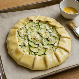 Raw pleated zucchini galette brushed with egg wash