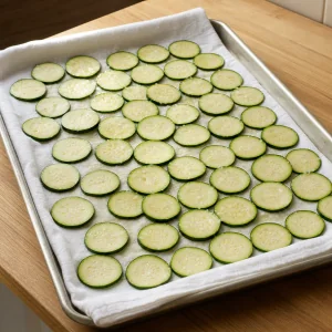 Salted zucchini slices draining on a kitchen towel