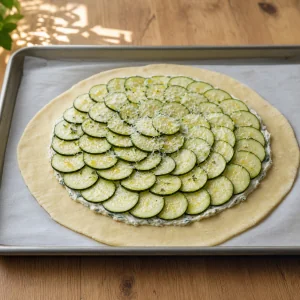 Zucchini rounds layered in rings over the goat cheese filling