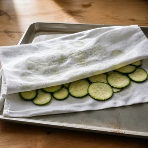 Zucchini slices pressed dry inside a folded kitchen towel