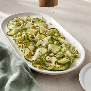 Black pepper falling onto finished zucchini carpaccio