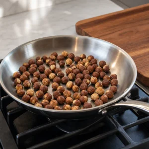 Hazelnuts toasting in a dry stainless-steel skillet