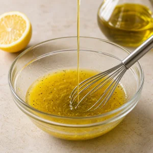 Lemon dressing being whisked with olive oil in a glass bowl