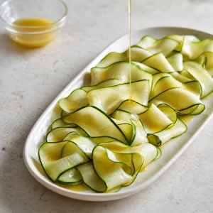 Lemon dressing drizzled over folded zucchini ribbons