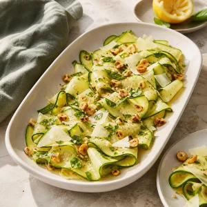 Zucchini-Carpaccio mit Haselnüssen, Basilikum und Pecorino-Spänen auf einer elfenbeinfarbenen Platte