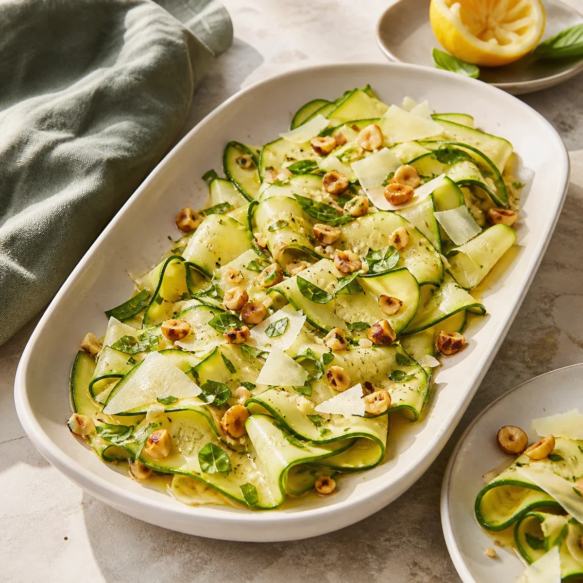 Zucchini carpaccio with hazelnuts, basil, and shaved pecorino on an ivory platter