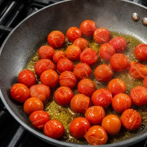 Cherry tomatoes blistering in olive oil in a skillet