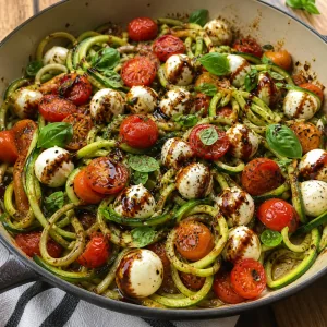 Finished zucchini noodle caprese skillet drizzled with balsamic glaze