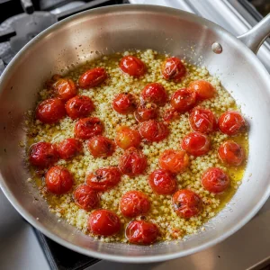 Minced garlic sizzling with blistered cherry tomatoes in a skillet