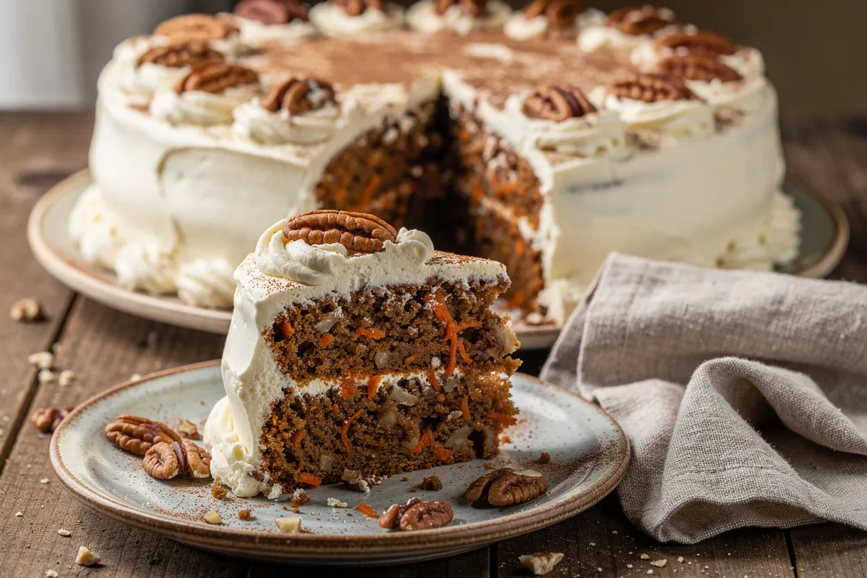 Classic Moist Carrot Cake with Cream Cheese Frosting on a round cake stand. Visible shredded carrots, chopped walnuts, cream cheese frosting swirled on top with a sprinkle of cinnamon and walnut halves. American-style dessert, home-bakery presentation, soft natural lighting, shallow depth of field, rustic ceramic plate and linen napkin. Main visible ingredients: carrots, walnuts, cream cheese frosting, cake crumb. Style: cozy, celebratory dessert photography. IMPORTANT: No text, no labels, no captions, no words on the image. Pure food photography only.