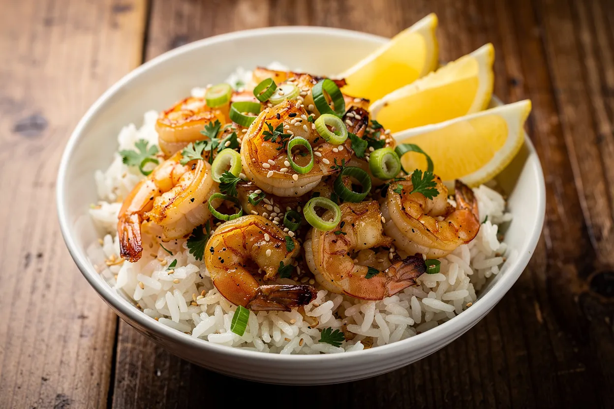 A professional, appetizing food photography shot of Garlic Butter Shrimp Rice Bowl with Lemon and Herbs. Visible: golden garlic butter shrimp, fluffy white rice, lemon wedges, chopped parsley, sliced green onions and sesame seeds. Cuisine style: modern American comfort seafood bowl. Presentation: clean ceramic bowl on a rustic wooden table, vibrant colors, sauce glistening on shrimp, main ingredients clearly visible. Style: restaurant-quality food photography with soft natural lighting and shallow depth of field. IMPORTANT: No text, no labels, no captions, no words on the image. Pure food photography only.