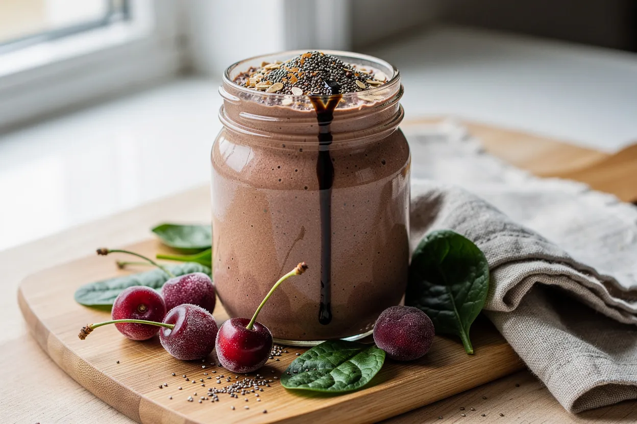 A professional, appetizing food photography shot of Iron-Rich Chocolate Cherry Smoothie with Spinach and Flax. Main visible ingredients: deep red frozen cherries, vibrant green spinach leaves, creamy chocolate-colored smoothie in a clear glass jar, sprinkled chia and ground flax on top, a small drizzle of blackstrap molasses, and a few whole cherries and spinach leaves arranged beside the jar. Style: modern health-food, bright natural lighting, clean wooden board and linen napkin, shallow depth of field, restaurant-quality presentation, vibrant color contrast. IMPORTANT: No text, no labels, no captions, no words on the image. Pure food photography only.