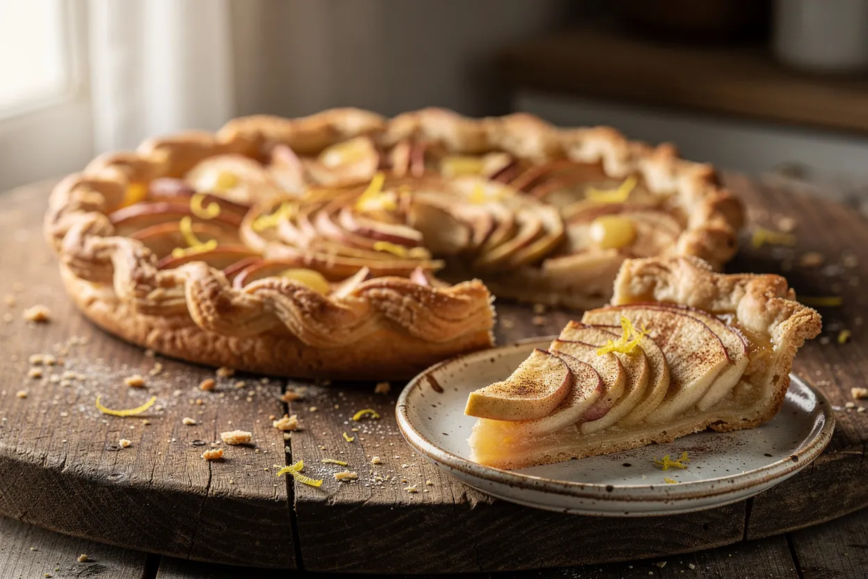 A rustic Italian apple crostata (crostata di mele) on a wooden board, golden folded butter crust, thinly sliced apples arranged in the center, visible cinnamon and lemon zest, dots of butter, a warm slice on a small ceramic plate, country-style Italian presentation, soft natural light, shallow depth of field, inviting home-baked look. IMPORTANT: No text, no labels, no captions, no words on the image. Pure food photography only.