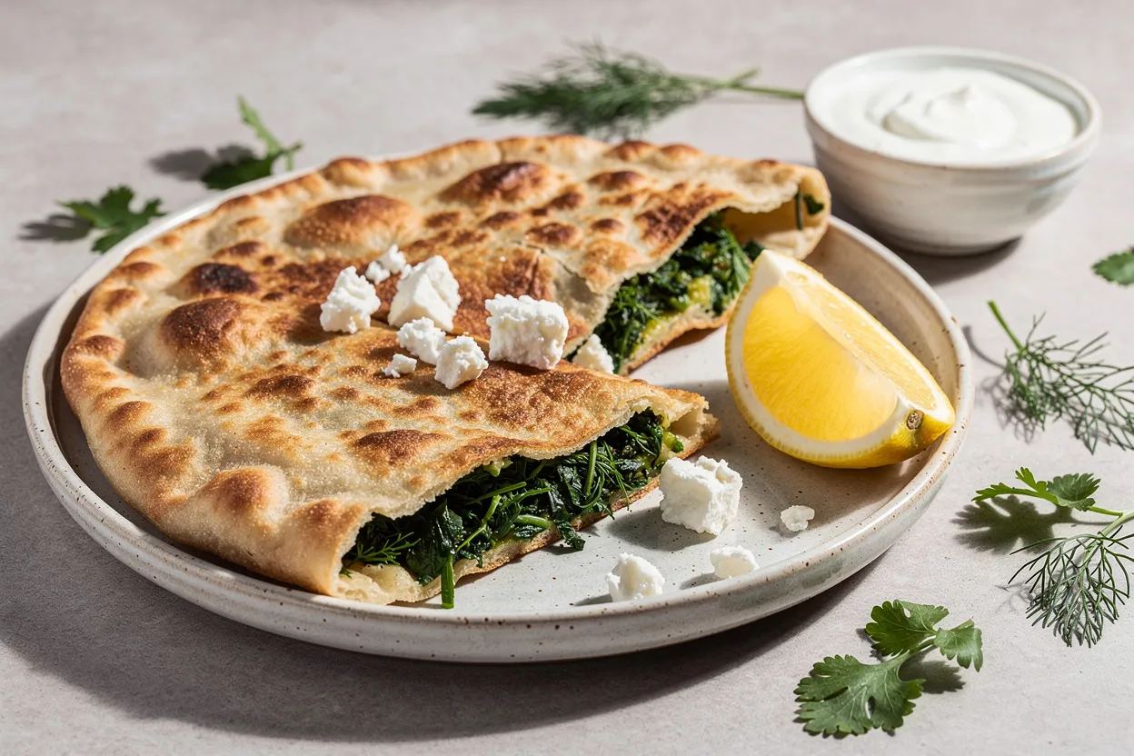 A professional, appetizing food photography shot of Gluten-Free Herbed Qutabs: golden, pan-fried flatbreads folded over a vivid green herb filling with visible dill, cilantro, and parsley, crumbled feta, lemon wedge and a small bowl of yogurt dip on the side. Cuisine: Azerbaijani/Caucasian style, rustic yet refined presentation on a ceramic plate with fresh herbs scattered around. Style: bright natural light, shallow depth of field, restaurant-quality food magazine photography. IMPORTANT: No text, no labels, no captions, no words on the image. Pure food photography only.