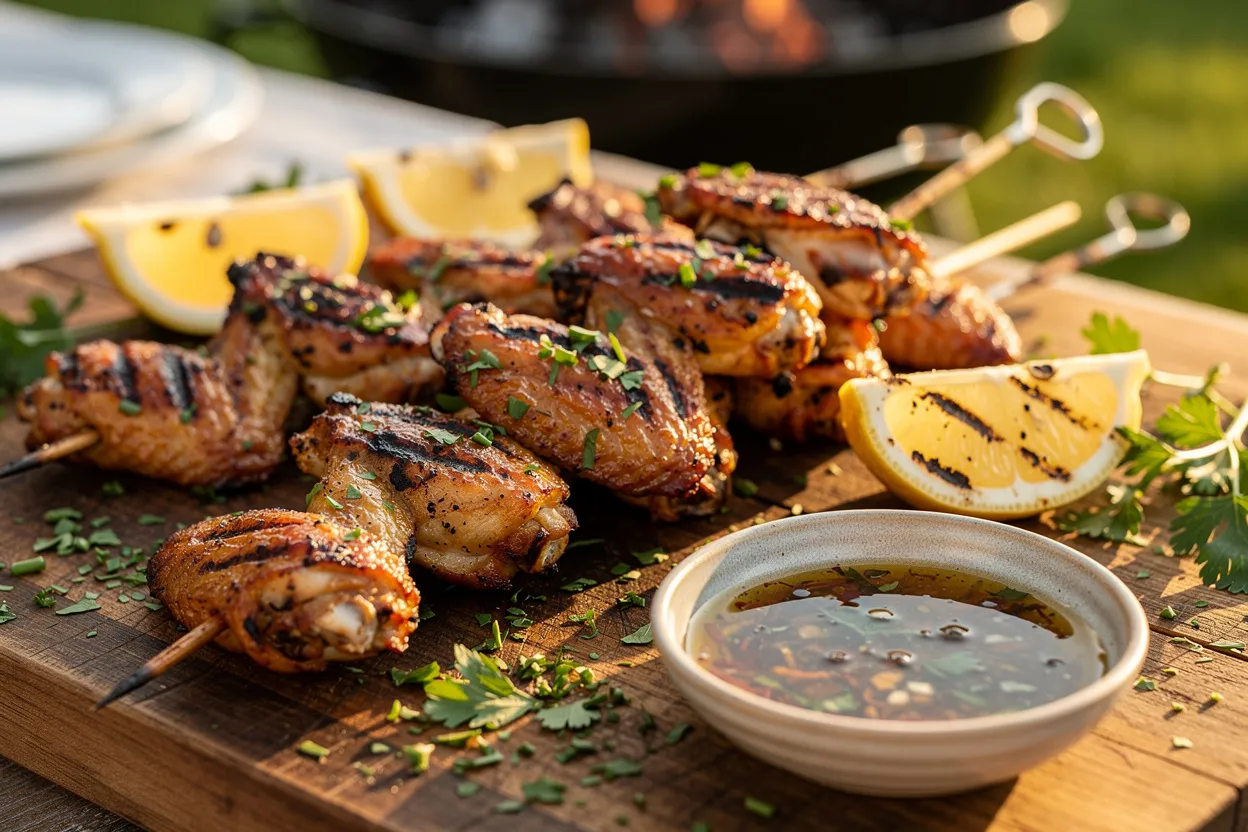 A professional, appetizing food photography shot of Grilled Chicken Wing Kebabs with Smoky Lemon Marinade. Visible: skewered chicken wings with charred edges, lemon wedges, a small bowl of marinade, fresh parsley garnish. Cuisine style: Mediterranean/Grill. Presentation style: rustic wooden board, casual summer barbecue setup, warm natural light, shallow depth of field, restaurant-quality plating. IMPORTANT: No text, no labels, no captions, no words on the image. Pure food photography only.