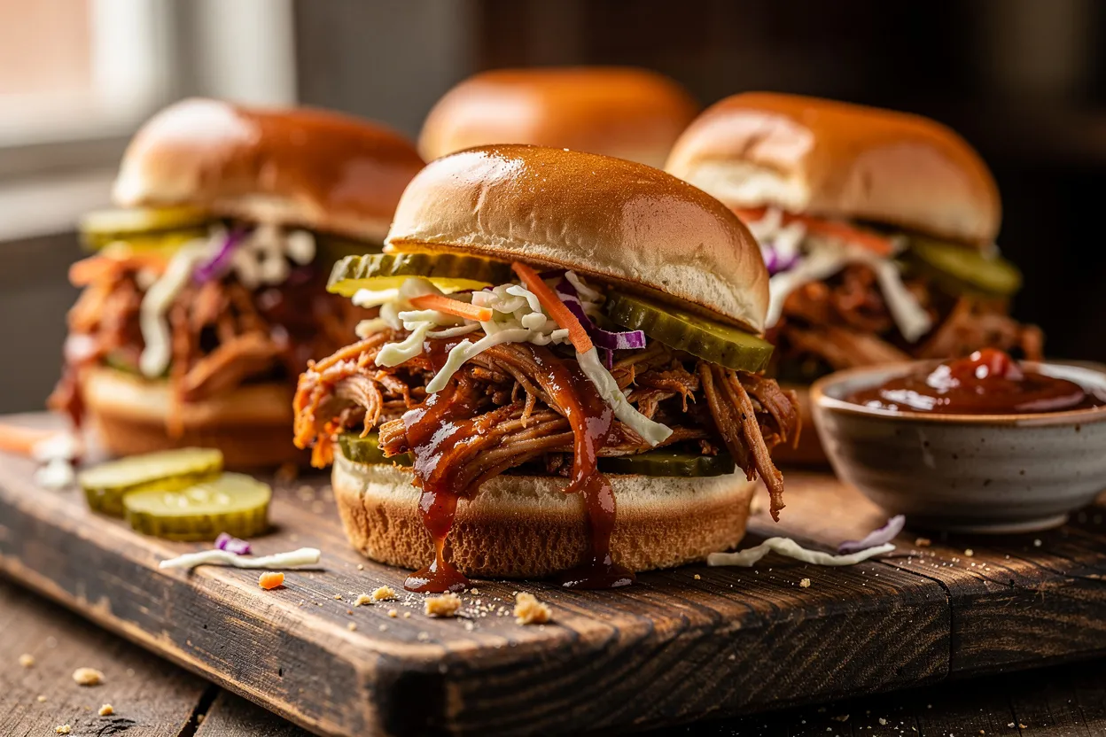 A professional, appetizing food photography shot of Smoky BBQ Pulled Chicken Sliders with coleslaw and pickles. Mini slider buns filled with shredded BBQ chicken glazed in sauce, creamy coleslaw, and dill pickle slices; main visible ingredients: shredded chicken, BBQ sauce, slider buns, coleslaw, pickles. Style: American BBQ, casual party food, rustic presentation. Arrangement on a wooden board with a small bowl of extra BBQ sauce and scattered pickle slices, warm natural lighting, shallow depth of field, high-end food magazine quality. IMPORTANT: No text, no labels, no captions, no words on the image. Pure food photography only.