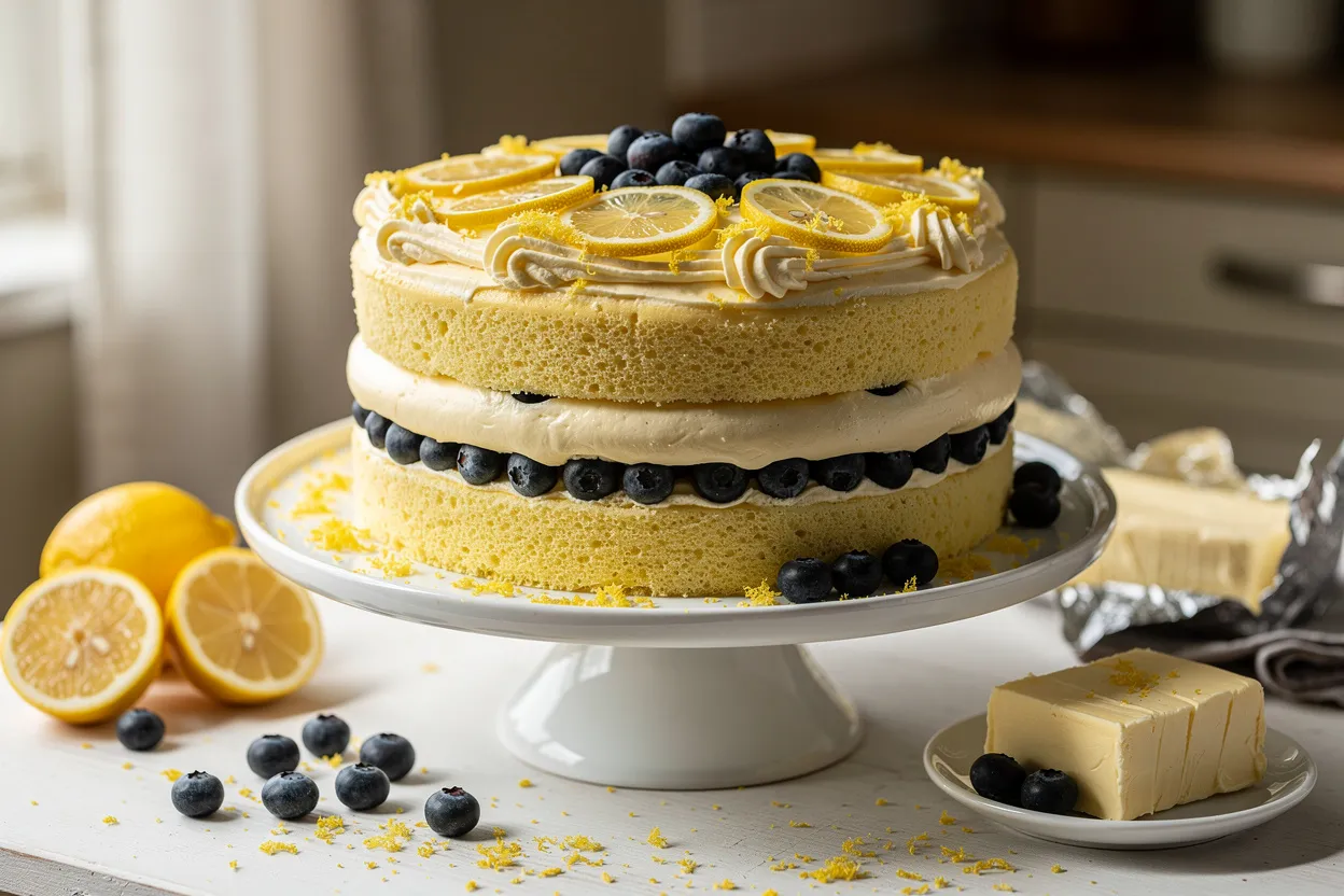 A Lemon Blueberry Layer Cake with Cream Cheese Frosting: a two-layer cake with pale yellow lemon sponge, visible fresh blueberries between layers and on top, glossy cream cheese frosting, lemon slices and lemon zest garnish. American-style dessert, rustic yet elegant presentation on a white cake stand, soft natural light, shallow depth of field, ingredients visible: lemons, blueberries, cream cheese, butter. IMPORTANT: No text, no labels, no captions, no words on the image. Pure food photography only.