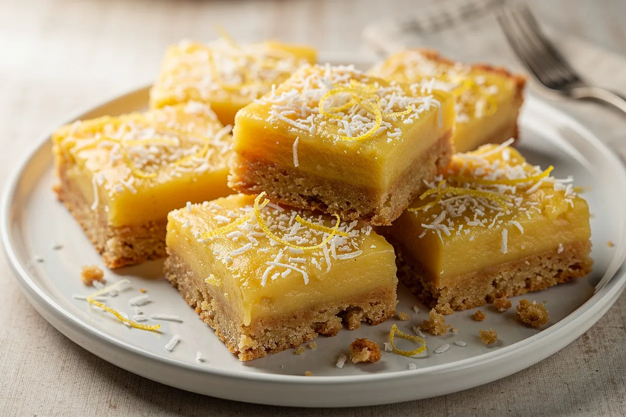 A bright, inviting plate of Lemon Almond Coconut Bars neatly cut into squares. Visible ingredients: a golden almond flour crust, pale yellow lemon filling, flecks of lemon zest and shredded coconut on top. Style: modern American dessert, clean rustic plating on a white ceramic plate, soft natural lighting, shallow depth of field, close-up to show texture and layers. IMPORTANT: No text, no labels, no captions, no words on the image. Pure food photography only.