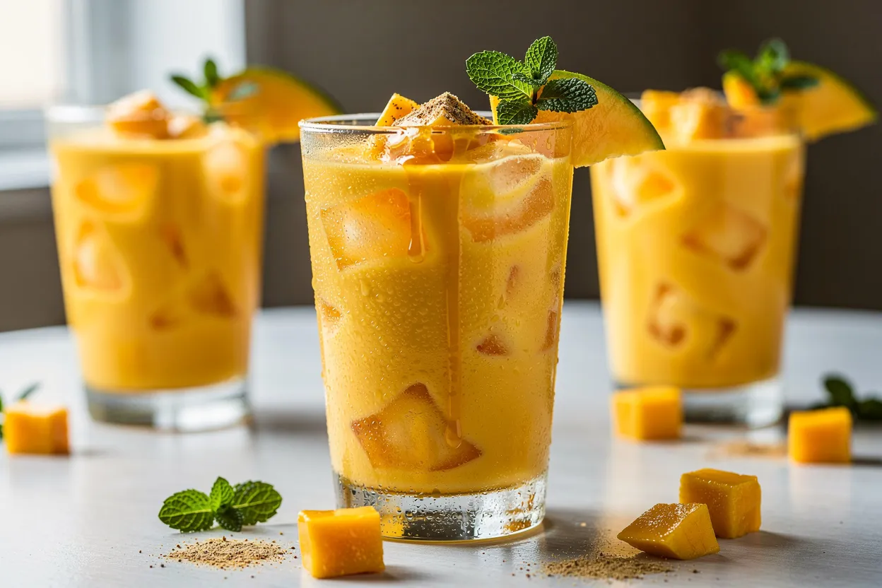 A bright, high-end food photography shot of Fresh Mango Lassi in tall chilled glasses. Main visible ingredients: vibrant mango pulp and slices, creamy yogurt, a drizzle of honey, a sprinkle of ground cardamom, fresh mint leaves, and ice cubes. Styled as an Indian-inspired chilled beverage with clean, modern presentation on a light surface, soft natural lighting, shallow depth of field, and a hint of garnish (mint and mango slice) on each glass. Cuisine style: Indian beverage, presentation style: fresh, inviting, restaurant-quality. IMPORTANT: No text, no labels, no captions, no words on the image. Pure food photography only.