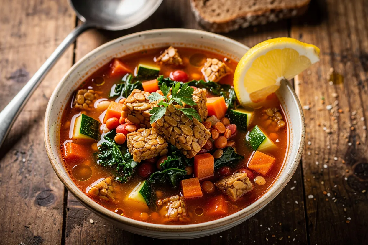 A professional food photography shot of Iron-Rich High-Protein Vegetarian Minestrone Soup, clearly showing a rustic bowl of tomato-based minestrone with visible ingredients: crumbled tempeh, red lentils, baby spinach, chopped kale, diced zucchini, carrots, and a drizzle of olive oil, garnished with chopped parsley and a lemon wedge on the side. Italian, rustic presentation on a wooden table with a ladle and a slice of gluten-free bread in the background, warm natural light, shallow depth of field, restaurant-quality styling. IMPORTANT: No text, no labels, no captions, no words on the image. Pure food photography only.