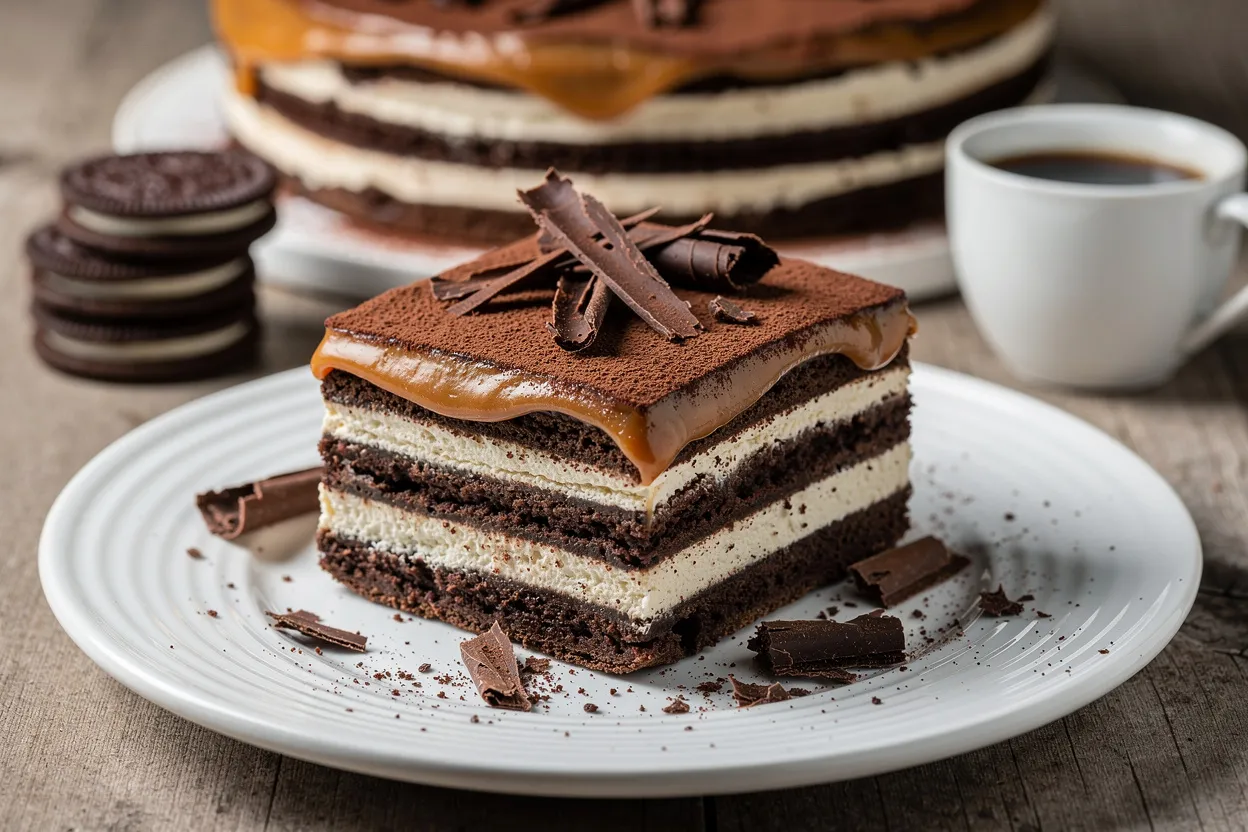 A professional food photograph of Chocotorta: a sliced no-bake Argentine icebox cake showing distinct layers of coffee-soaked chocolate cookies and a creamy dulce de leche and cream cheese filling. Main visible ingredients: chocolate cookies, dulce de leche, whipped cream, and a small cup of brewed coffee on the side. Cuisine style: Argentine dessert. Presentation: a rustic slice on a white plate dusted with cocoa and topped with chocolate shavings, soft natural lighting, shallow depth of field, restaurant-quality styling. IMPORTANT: No text, no labels, no captions, no words on the image. Pure food photography only.