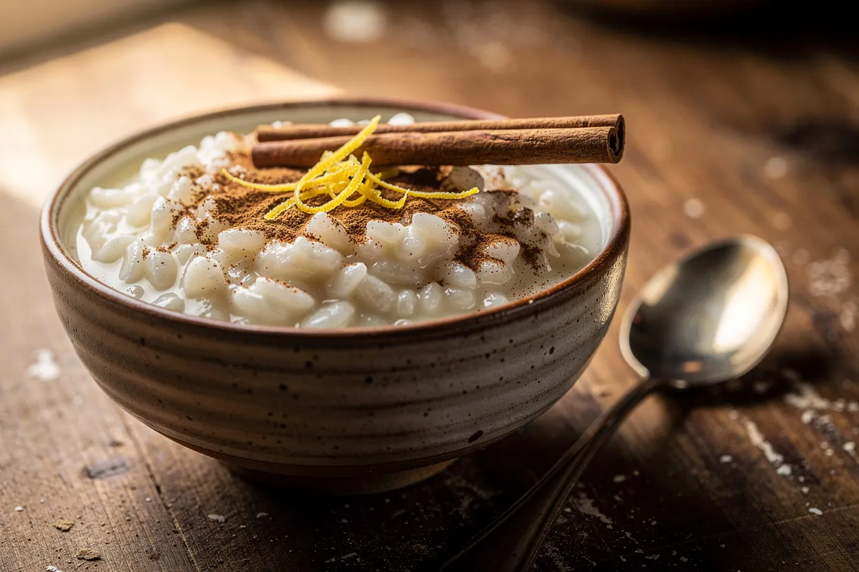 A warm, rustic bowl of Arroz con Leche (creamy cinnamon rice pudding) topped with a dusting of ground cinnamon, a cinnamon stick, and a light sprinkle of lemon zest. Visible main ingredients: creamy rice grains, cinnamon stick, lemon zest, and a small spoon at the side. Style: Latin American dessert, cozy home-kitchen presentation on a wooden table, soft natural lighting, shallow depth of field, inviting and comforting mood. IMPORTANT: No text, no labels, no captions, no words on the image. Pure food photography only.